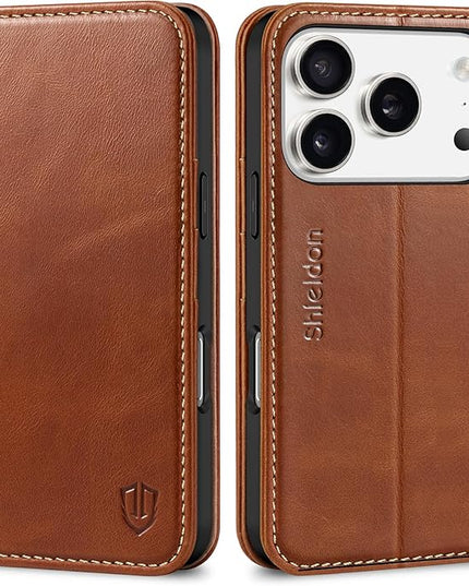 SHIELDON Genuine Leather Wallet Case for iPhone 17 Pro 6.3" 2025 | Flip Cover | Magnetic Closure | RFID Blocking Credit Card Holder | Kickstand | Shockproof Phone Cover | Retro Brown
