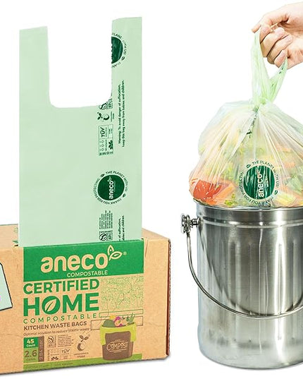 ANECO 100% Compostable Food Waste Bags 2.6 Gallon With Handles, Small Compost Bags for Countertop Bin, OK Compost HOME & BPI Certified Compostable Kitchen Food Waste Bag (45 Count)
