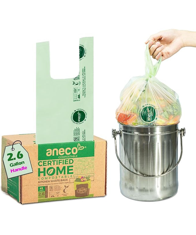 ANECO 100% Compostable Food Waste Bags 2.6 Gallon With Handles, Small Compost Bags for Countertop Bin, OK Compost HOME & BPI Certified Compostable Kitchen Food Waste Bag (45 Count)