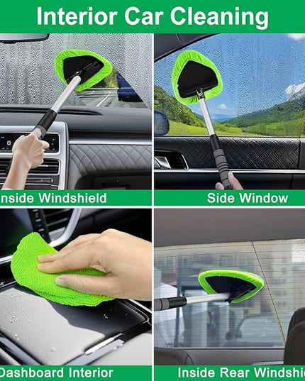 XINDELL Windshield Cleaner Tool – Car Interior Window Cleaning Kit with Extendable Handle & 4 Microfiber Pads, Auto Wiper Inside Windshield Brush for Car & Home Windows