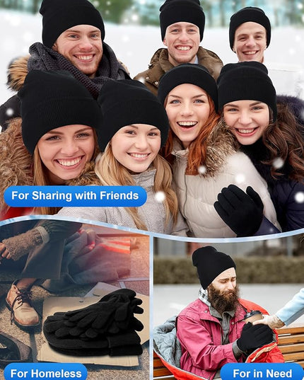 Suhine 200 Pieces Winter Beanies Gloves Sets Include 100 Warm Knitted Hats Bulk and 100 Gloves for Men Women Homeless