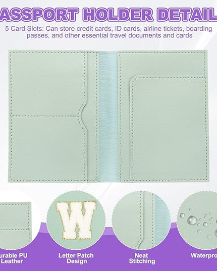 PATIKIL Passport Holder for Travel, Initial Passport Cover and Luggage Tag Set with Alphabet Chenille Letter Patch Travel Wallet Bag Suitcase Identifier for Women Family Travel W, Green