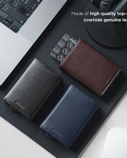 VULKIT Pop up Card Wallet Minimalist Cash Wallets RFID Blocking Leather Smart Credit Card Holder with ID window for Men