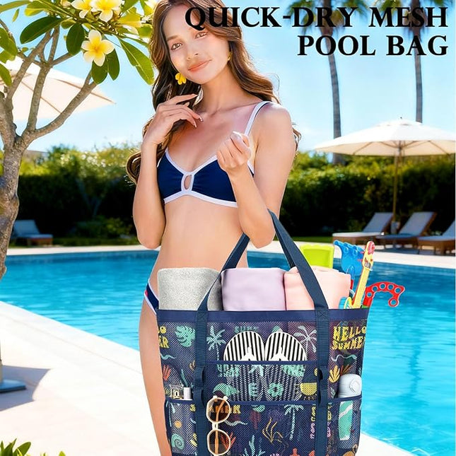 Mesh Beach Bag, Large Beach Tote with Zipper Pocket, Toys Pool Bag for Family Travel Vacation Cruise Essentials