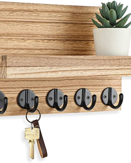 Lwenki Key Holder for Wall, Decorative Key and Mail Holder with Shelf Has Large Key Hooks for Bags, Coats – Paulownia Wood Key Hanger with Mounting Hardware (9.8”W x 6.7”H x 4.2”D) (Burnt Wood)