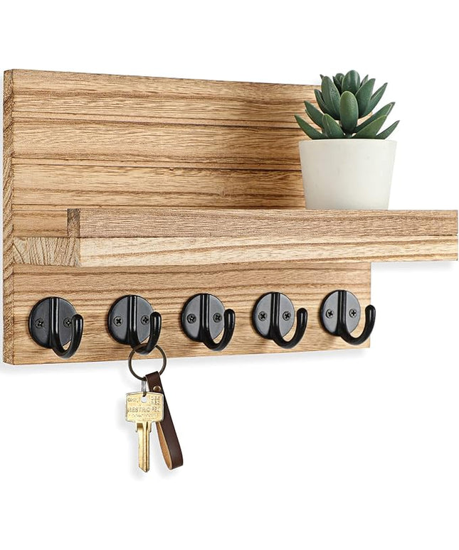 Lwenki Key Holder for Wall, Decorative Key and Mail Holder with Shelf Has Large Key Hooks for Bags, Coats – Paulownia Wood Key Hanger with Mounting Hardware (9.8”W x 6.7”H x 4.2”D) (Burnt Wood)