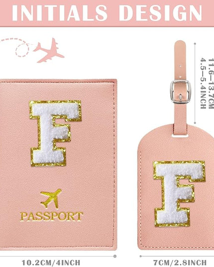 COSHAYSOO Passport Cover and Luggage Tag Set with Her Initial Chenille Letter Patch, Monogrammed Travel Bag Backpack Suitcase Identifier Gifts for Mom Women Teacher Pink F