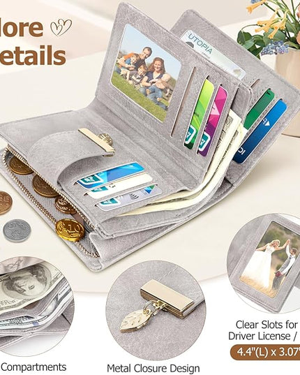HUANLANG Small Wallets for Women Rfid Blocking Leather Bifold Credit Card Holder Ladies Wallet Zipper Pocket with ID Window