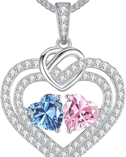 LOUISA SECRET Sparkling Double Heart Birthstone Necklaces for Women, 925 Sterling Silver Fine Jewelry, Pendant Heart Necklaces Birthday Anniversary Christmas Gift for Women Wife Mom Girlfriend Lady