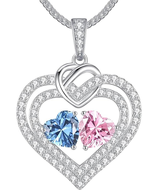 LOUISA SECRET Sparkling Double Heart Birthstone Necklaces for Women, 925 Sterling Silver Fine Jewelry, Pendant Heart Necklaces Birthday Anniversary Christmas Gift for Women Wife Mom Girlfriend Lady