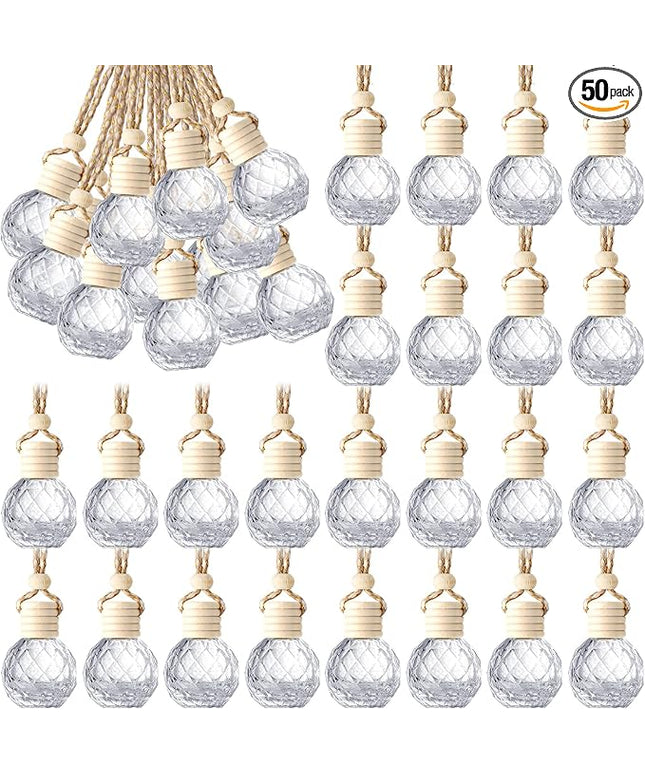 BBTO 50 Pcs Hanging Car Air Freshener Car Diffuser Bottles Empty Glass Perfume Bottle Freshener Diffuser Bottle Pendant for Essential Oil Fragrance Aromatherapy Bottle Ornament(Round Diamond)