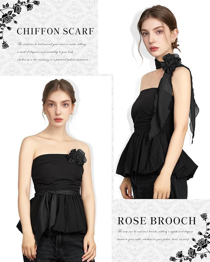 Chiffon Scarf for Women, Removable Flower Neck Scarf Light Soft Fashion Rose Scarves Versatile Headband or Hair Band