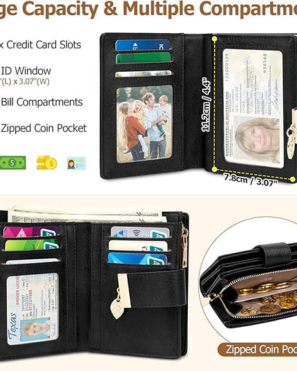 HUANLANG Small Wallets for Women Rfid Blocking Leather Bifold Credit Card Holder Ladies Wallet Zipper Pocket with ID Window