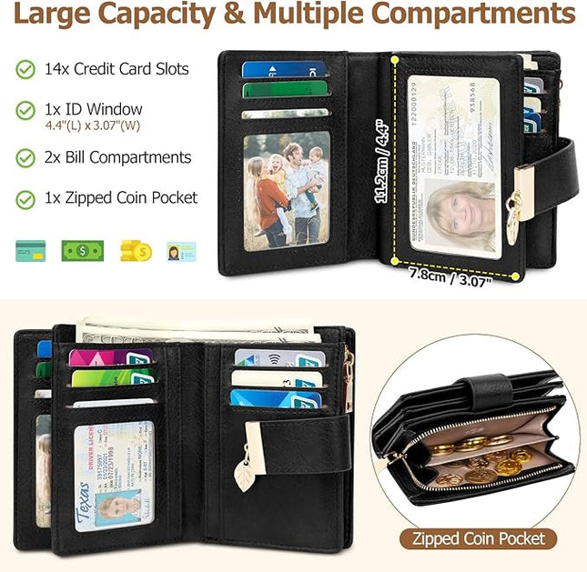 HUANLANG Small Wallets for Women Rfid Blocking Leather Bifold Credit Card Holder Ladies Wallet Zipper Pocket with ID Window