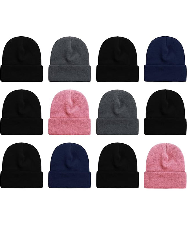 12 Pack Winter Beanie Hats for Men Women, Warm Cozy Knitted Cuffed Skull Cap, Wholesale