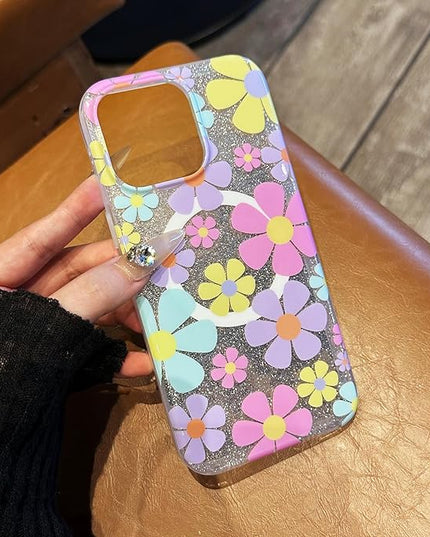 Compatible with iPhone 12 Cases Cute Bling Sparkly Floral Phone case,Flower with Wrist Strap Design, Compatible MagSafe Silicone Shockproof Phone case for Women and Teenage Girls.