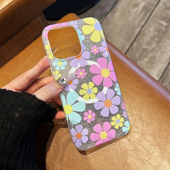 Compatible with iPhone 12 Cases Cute Bling Sparkly Floral Phone case,Flower with Wrist Strap Design, Compatible MagSafe Silicone Shockproof Phone case for Women and Teenage Girls.