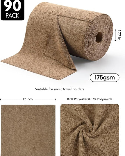 Fantasticlean Microfiber Cleaning Cloth Roll -90 Pack, Tear Away Microfiber Towels, 12" x 12", Reusable, Washable, Scratch Free, Ultra Absorbent for All-Around Cleaning Supplies (Tan)