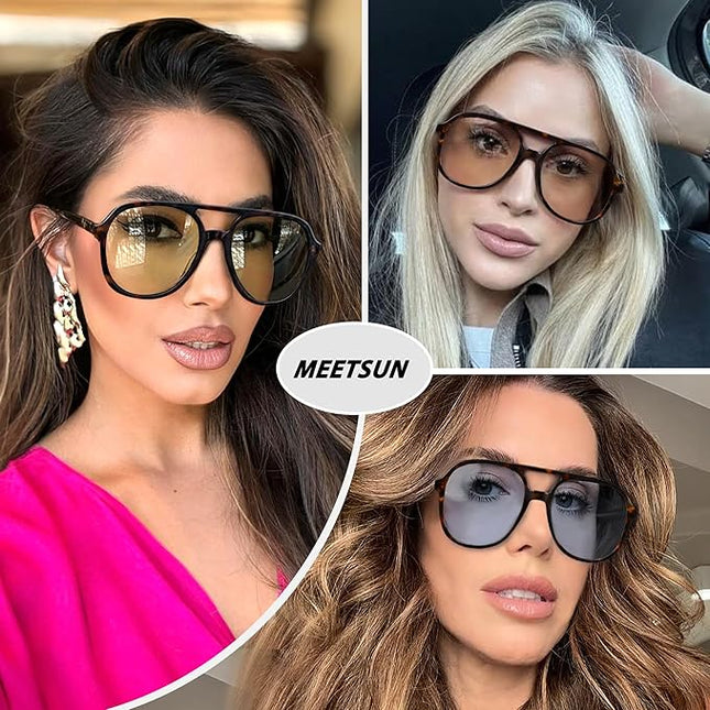 MEETSUN Retro Oversized Aviator Sunglasses for Women Men Trendy 70s 80s Vintage Square Aviators 3 Pack UV400