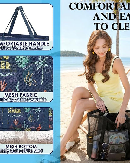 Mesh Beach Bag, Large Beach Tote with Zipper Pocket, Toys Pool Bag for Family Travel Vacation Cruise Essentials