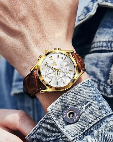 OLEVS Men's Chronograph Leather Watch, Big Face Easy to Read Analog Quartz Dress Watch, Casual Waterproof Luminous Hands Date Watches for Men, White/Blue/Black/Gold Dial