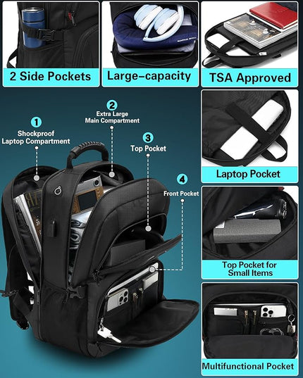 ProEtrade Travel Backpack, Extra Large Laptop Backpack School Business Anti Theft TSA Approved College Work Computer Bag Fits 17 Inch Laptop with USB Charging Port Bookbag for Women Men(Black)