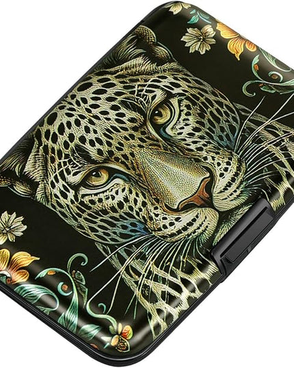 ELFISH Mini RFID Aluminum Wallet Credit Cards Holder Business Card Case Metal ID Case for Men Women(Black Leopard)