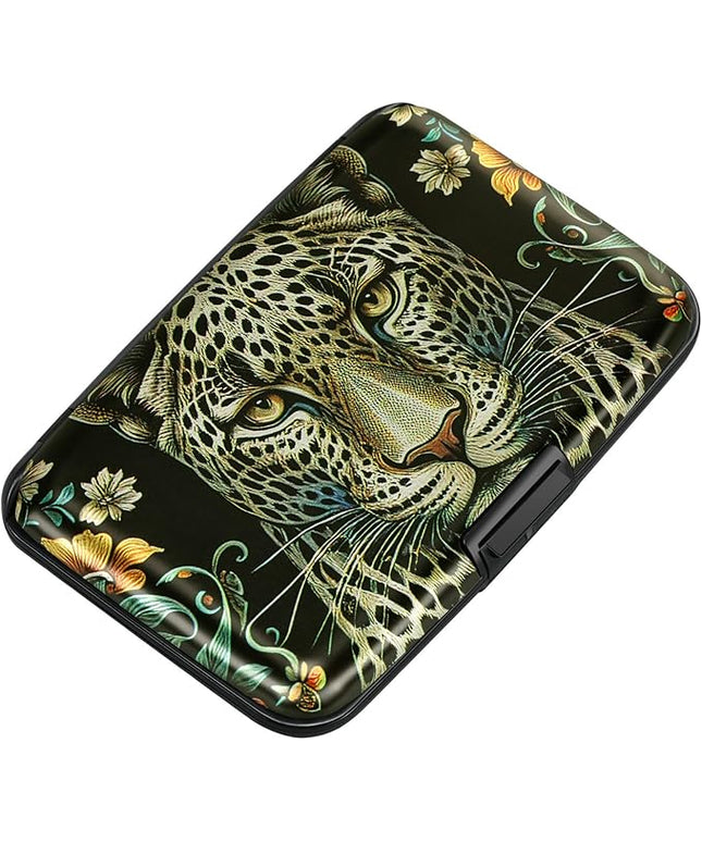 ELFISH Mini RFID Aluminum Wallet Credit Cards Holder Business Card Case Metal ID Case for Men Women(Black Leopard)