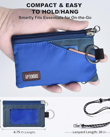 RFID Travel Wallet with Adjustable Lanyard-Zipper Small Wallet with ID Card Holder, Keychain for women&men-Minimalist Slim Waterproof Nylon case for ID, Cash, Key (Blue+SlateBlue)