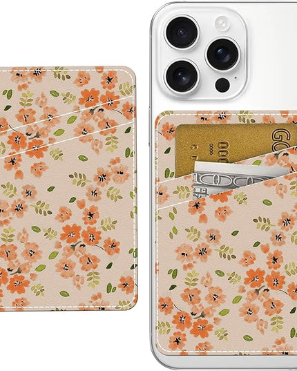 Phone Wallet, Cute Leather Phone Card Holder, Dual Pocket Credit Card Sticky Wallet, Compatible with Most Cell Phones, Luxurious Orange Flower