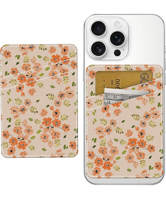 Phone Wallet, Cute Leather Phone Card Holder, Dual Pocket Credit Card Sticky Wallet, Compatible with Most Cell Phones, Luxurious Orange Flower