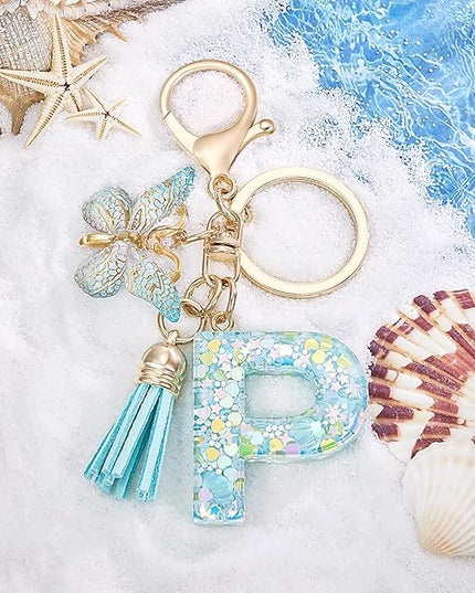 Fashion Alphabet Initial Letter Keychain Tassel Butterfly Pendant Key Ring for Purse Handbags Women Girl