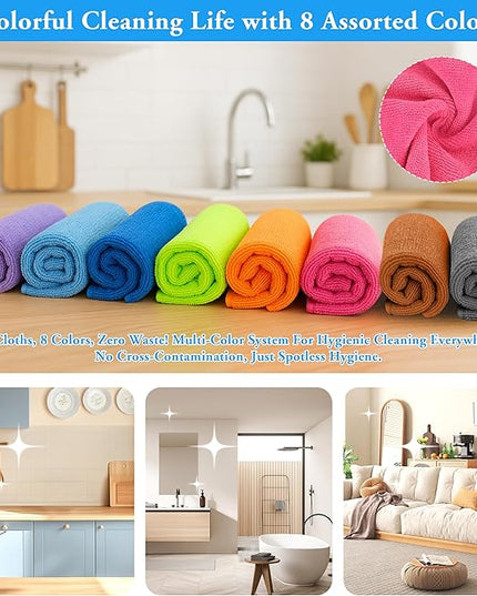 Microfiber Cleaning Cloths 16 Pack 8 Color Cleaning Rags for Housekeeping Home Kitchen Bathroom Car,11.5"X11.5" Soft Lint Free Wet and Dry Use Dusting Cleaning Supplies Towels