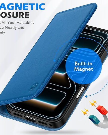 SHIELDON Genuine Leather Case Wallet for iPhone 17 Pro 6.3 Inch 2025 | Kickstand | RFID Blocking 3 Credit Card Holder | Flip Magnetic Closure | Shockproof Phone Cover | Sapphire Blue