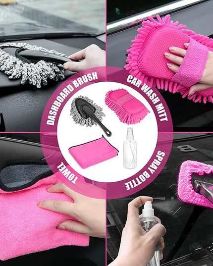 Viewsun 20PCS Car Cleaning Kit, Pink Car Interior Detailing Kit with Drill Brush Set, Windshield Cleaning Tool, Detailing Brushes, Wire Brushes, Cleaning Gel, Complete Cleaning Supplies for Women
