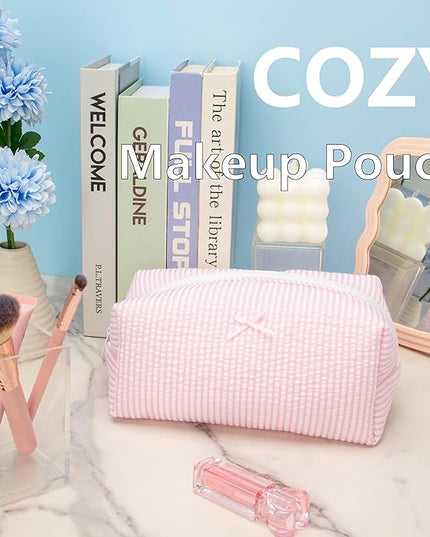 Cozy Makeup Bag Travel Cosmetic Bag for Women Soft Toiletry Bag Aesthetic Makeup Organizer Portable Large Zipper Pouch for Skincare Beauty Accessories Brushes Stripe Pink