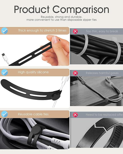 20Pcs Nearockle Reusable Cable Ties, Adjustable Silicone Cord Organizer Small Zip Ties for Charging Cords Earphone Computer Wire, Office Desk Cable Management Travel Accessories(Black)