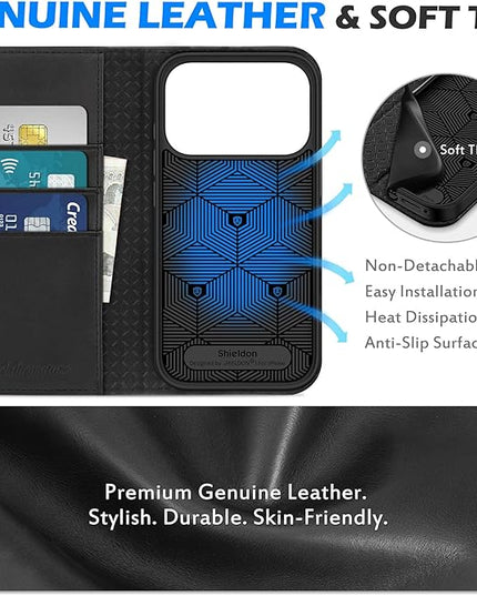 SHIELDON Wallet Case for iPhone 17 Pro 6.3" 2025 | Genuine Leather | Flip Magnetic Cover | RFID Blocking Credit Card Holder | Kickstand | Soft Shock-Absorbent Interior Shell | Black