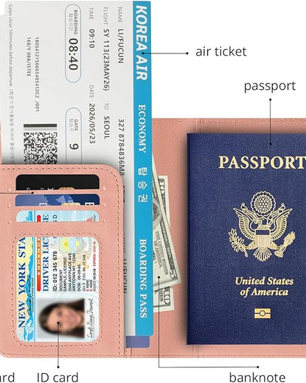 Passport Holder for Travel Essentials,RFID Blocking Passport Cover Wallet Card Case for Women and Men (Light Pink)