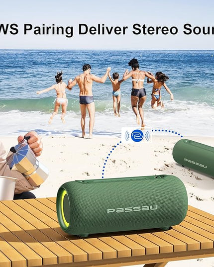 Passau Portable Bluetooth Speakers 40W Peak Loud Stereo Sound, Passive Radiators-Deep Bass, All Day Playtime, Adjustable Strap, BT5.3, IPX5 Wireless Speaker RGB Lights for Indoor Outdoor-Green