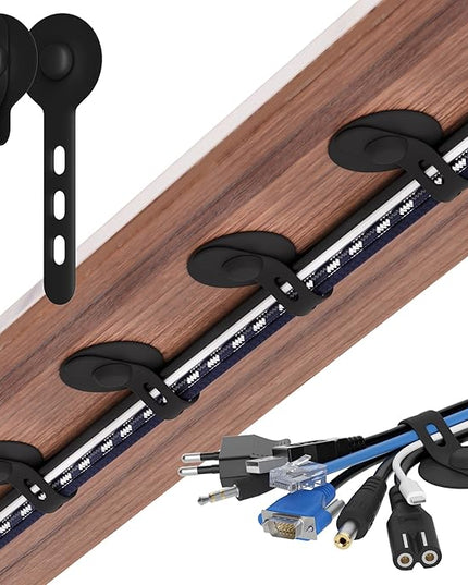 Nearockle Cable Management Under Desk, Adjustable Self-Adhesive Silicone Cable Ties Cord Organizer, Reusable Heavy-Duty Cord Holder Under Table for Office, Home, School (10Pcs-Black)