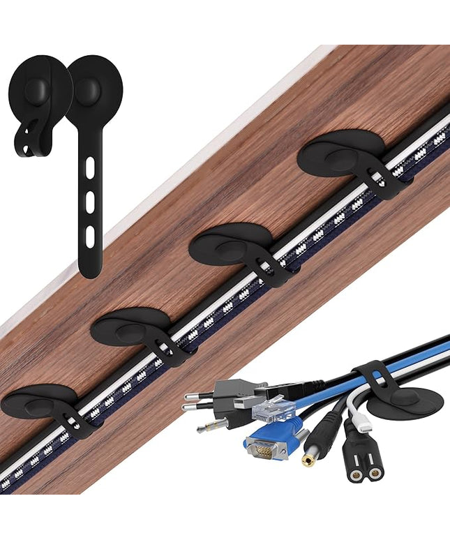 Nearockle Cable Management Under Desk, Adjustable Self-Adhesive Silicone Cable Ties Cord Organizer, Reusable Heavy-Duty Cord Holder Under Table for Office, Home, School (10Pcs-Black)