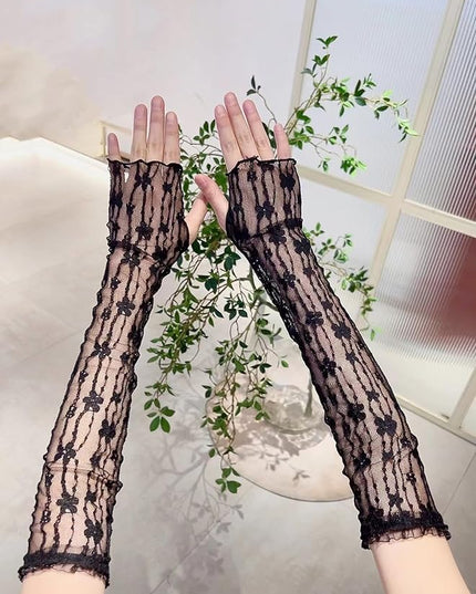 SHENHE Women's Sheer Lace Tulle Gloves Fingerless Elbow Length Arm Sleeves Mittens