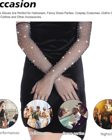 Women Rhinestone Fishnet Long Gloves Mesh Sparkly Glitter Fashion Opera Gloves For Party Halloween Costumes Accessories