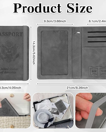 Passport Holder for Travel, RFID Blocking Passport Cover with Pen Holder Leather Passport Wallet Case Travel Must Haves Accessories Passport Book Card Holder for Family Travel Essentials Gifts, Gray
