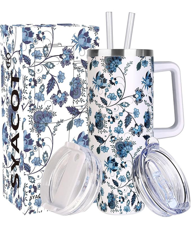 SYACOT 40 oz Tumbler with Handle and Straw Stainless Steel Insulated Tumbler Leak Proof Lid and Straw Lid Reusable Travel Mug Coffee Mug Cup Dishwasher Safe Keep Drinks Cold and Hot (Ceramics)