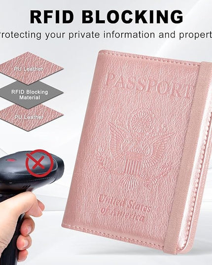 ACdream RFID BLOCKING Passport Holder Travel Wallet, Premium PU Leather Cover Passport Book with Card Holder, Pen Holder, Keep Organization, and Travel Essentials for Women and Men, Rose Gold