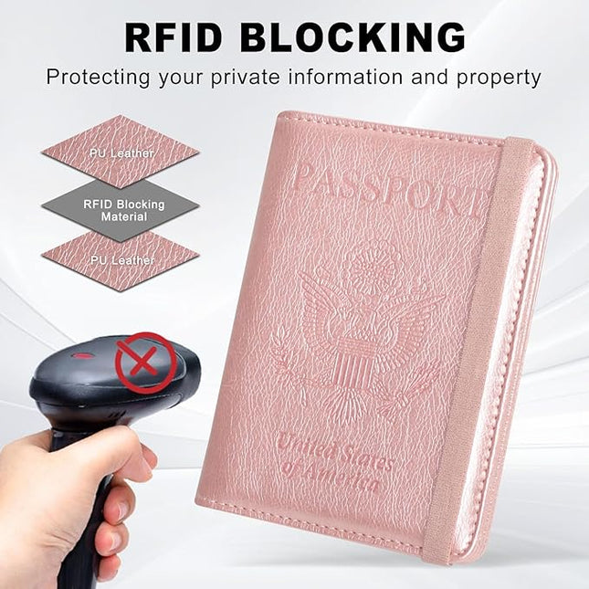 ACdream RFID BLOCKING Passport Holder Travel Wallet, Premium PU Leather Cover Passport Book with Card Holder, Pen Holder, Keep Organization, and Travel Essentials for Women and Men, Rose Gold