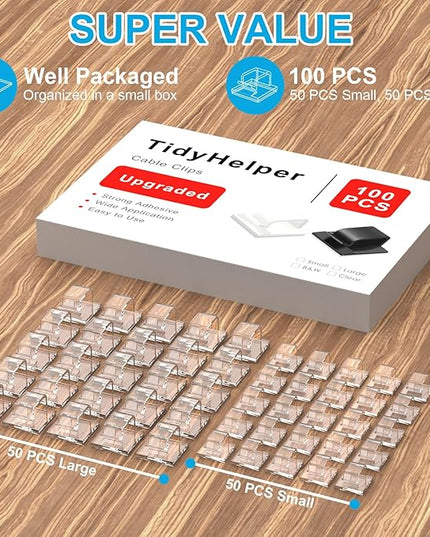 100 PCS Outdoor Light Clips Clear (Small & Large), Adhesive Cable Clips for Wall Wire Holder Cable Management Cord Organizer, Christmas Light Hooks for LED String Lights, Car Dash Cam, Extension Cord