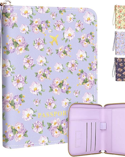Passport Holder, Passport Holder For Travel, Passport Cover For Travel Essentials, Passport Wallet Cover RFID Blocking, Cute Passport Book for Women and Men, Purple Flowers